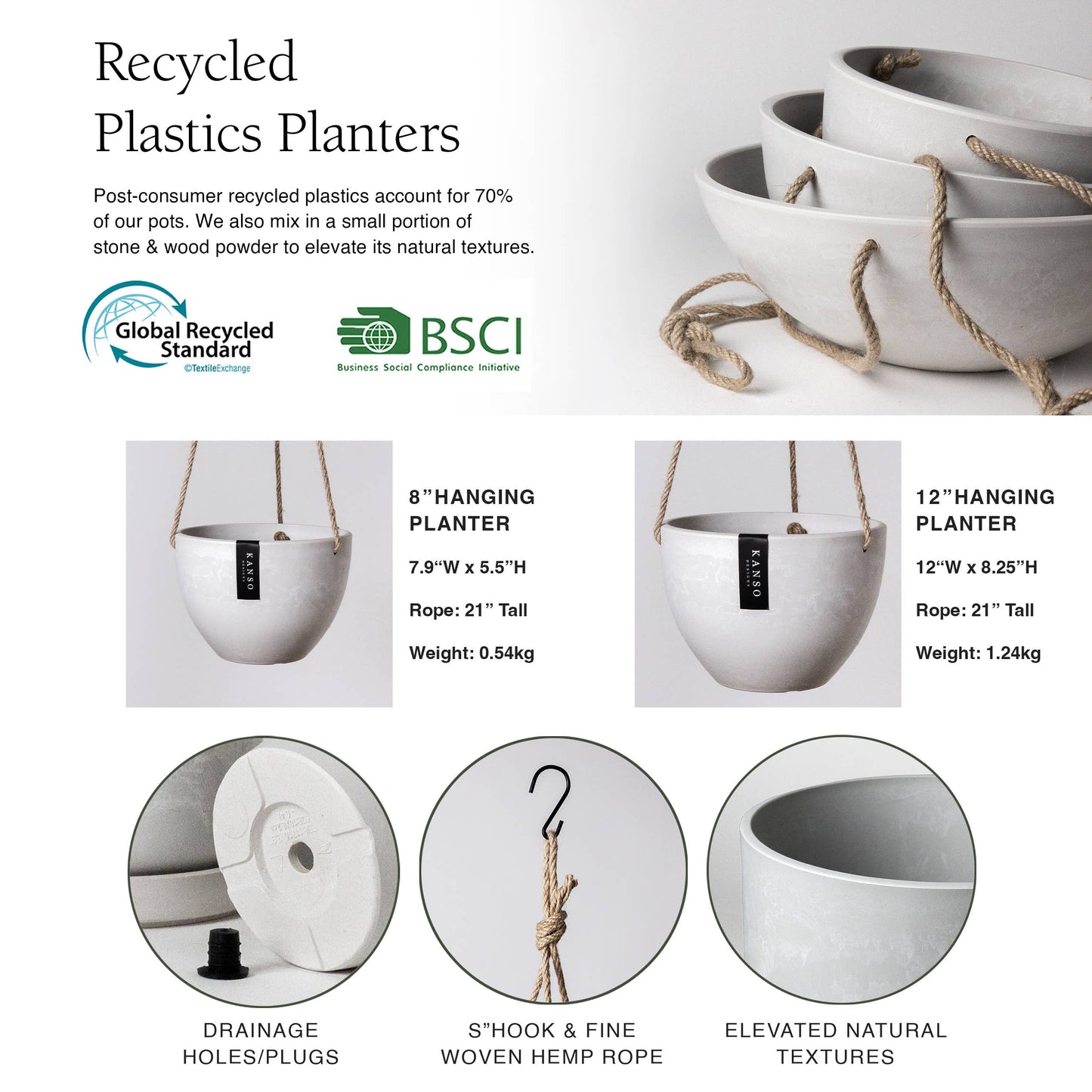 8" | 12" Signature Stone Hanging Planter Pot | 4 Colorways