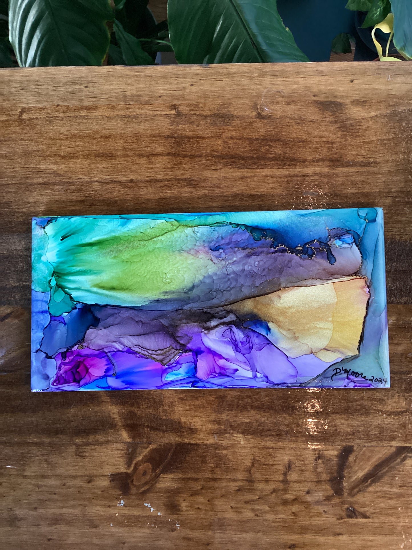 Alcohol ink painting tile coasters with display